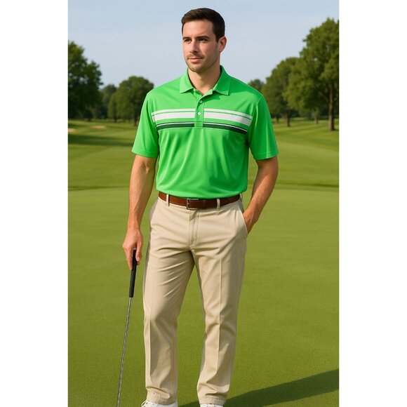 Izod Polo Shirt L Green Striped Performance Golf Short Sleeve Activewear - Picture 1 of 6